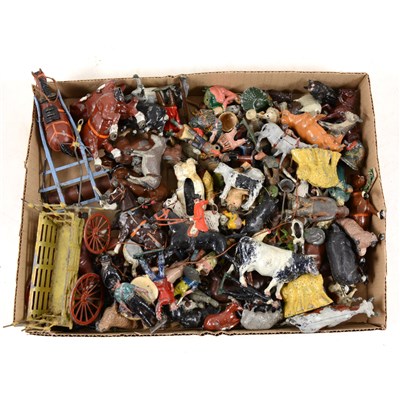 Lot 109 - Painted lead farm animals, farm workers and scenery, by Britains and other makers