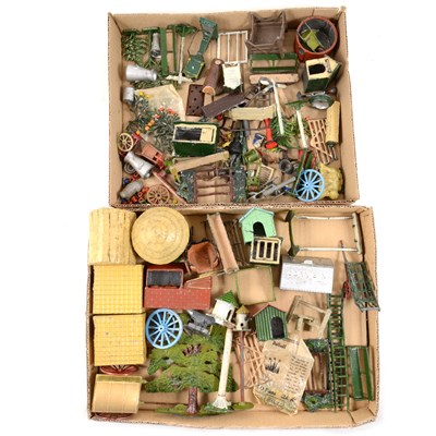 Lot 107 - Painted lead farm buildings, accessories, scenery, by Britains and others