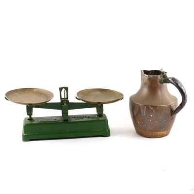 Lot 111 - A set of French balance scales (no pans); saucepans, ewer, etc.