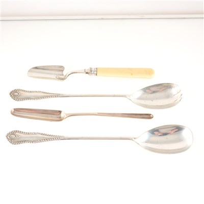 Lot 180 - A silver stilton cheese scoop, by William Hutton & Son, Sheffield, date mark worn, bone handle, a silver marrow scoop, possibly London 1803, marks worn