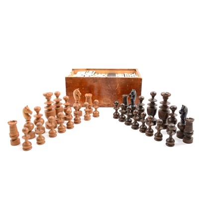 Lot 69 - Matched set of boxwood 'St George' style chess pieces , two sets of dominoes and folding chequer-board.