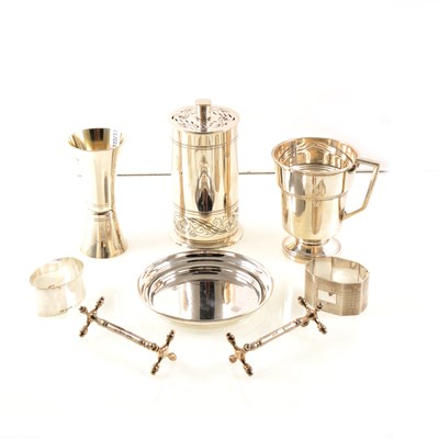 Lot 207 - A silver pot by Z Barraclough & Sons (James Henry & Herbert Barraclough), engraved foliage design to body and a pierced lid, London 1938, 12.5cm high, 16.8cm diameter, a silver cup by Walker & Hall