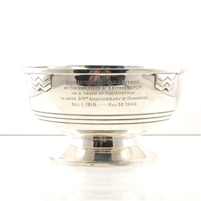 Lot 212 - A silver presentation rose bowl by Walker & Hall, chevron detail below rim, Sheffield 1937, 20cm diameter, weight approx. 14.6oz.