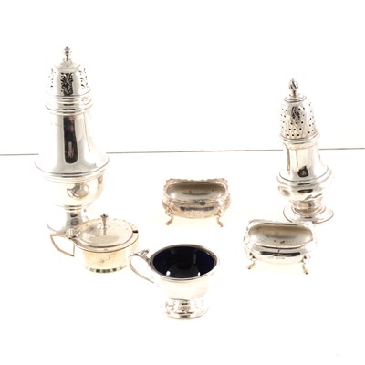 Lot 208 - A silver sugar caster by Adie Brothers Ltd, baluster shape, Birmingham 1961, 18.5cm, another by JB Chatterley & Sons Ltd, Birmingham 1961, various silver condiments (some with blue glass liners)
