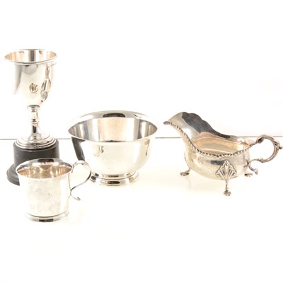 Lot 209 - A silver trophy by Pinder Brothers, engraved "Great Glenn Gymkhana 1955 1st Handy Hunter Trial", black plastic plinth, Sheffield 1950, a silver sauce boat by Barker Brothers Silver Ltd, gadroon edge