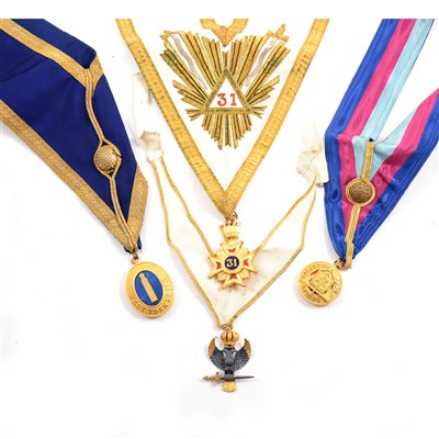 Lot 181 - A leather case containing Masonic regalia, to include Past Master medal for Defence Lodge 1221, marked 18c