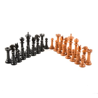 Lot 363 - Staunton pattern boxwood and ebony chess set, W Leuchars, Piccadilly, London