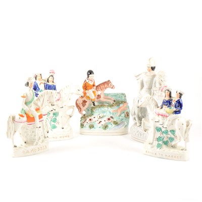 Lot 2 - A pair of Staffordshire equestrian groups, and three others.