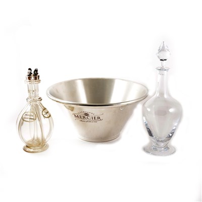 Lot 82 - A Humphrey Taylor four-division glass liqueur bottle, contemporary Veuve Cliquot Ponsardin decanter, and an ice bucket