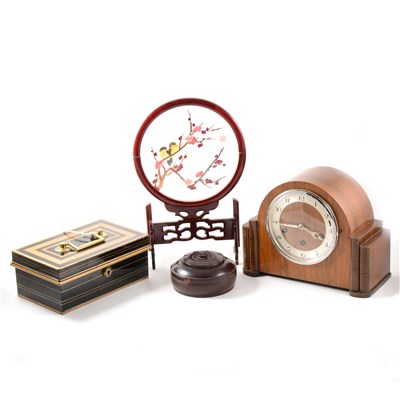 Lot 99 - An oak cased mantle clock, crystal decanter, table screen, four prints etc