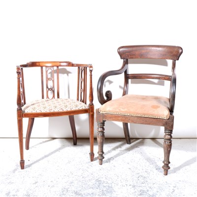 Lot 326 - Edwardian inlaid mahogany occasional chair, with a hoop back.; William IV elbow chair.