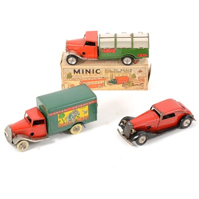 Lot 61 - Tri-ang Minic Toys; Three tin-plate models including dust cart boxed, "Carter Paterson" truck, and a motor car.