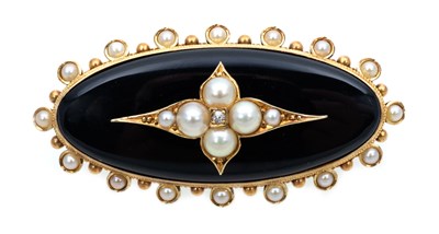 Lot 365 - A Victorian black onyx and pearl brooch.