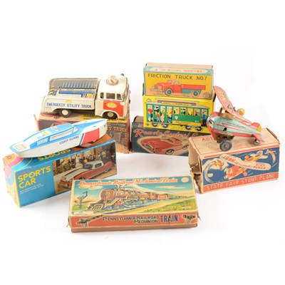 Lot 72 - Tin-plate toys and vehicles; including friction fire emergency truck and others.