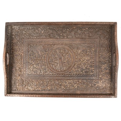 Lot 70A - An Eastern carved wooden tea tray, assorted glassware, and embroidered panels.