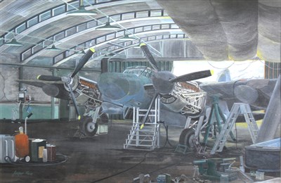 Lot 266 - After Jasper Hall, interior of an aircraft hangar, print, 35 x 54cm.