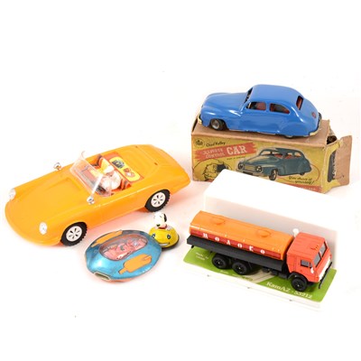 Lot 85 - Chad Valley tin-plate remote control car boxed and other tin-plate / plastic toys.