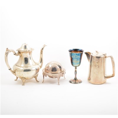 Lot 96 - A quantity of silver-plate and pewter, to include a pair of candlesticks, a covered butter dish, a revolving dish, a set of six EPB goblets, a Tudric pewter twin-handled hand-beaten bowl etc.