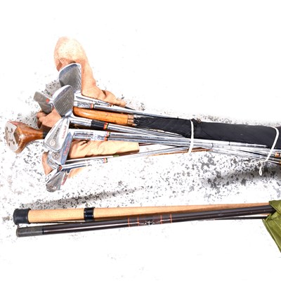 Lot 154 - Carbon fibre 3-piece Olympic coarse fishing rod; Wilson Staff golf clubs, and others, a golf bag and a shooting stick.