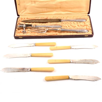 Lot 182 - A set of twelve silver fish knives and forks by Mappin & Webb Ltd, plus a cased French silver-handled three piece carving set