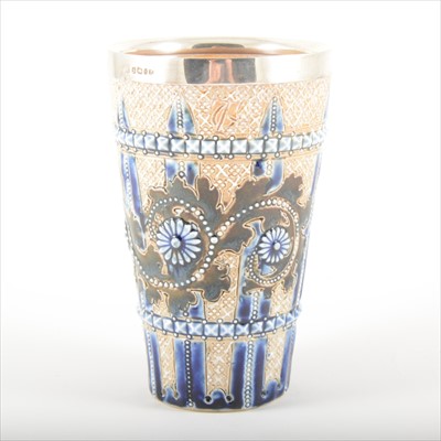 Lot 10 - A stoneware silver-mounted beaker, by George Tinworth for Doulton Lambeth