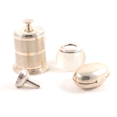 Lot 186 - A silver tobacco box by Samuel Jacob, a silver and gilt miniature funnel, a silver mounted match striker and cigarette dispenser