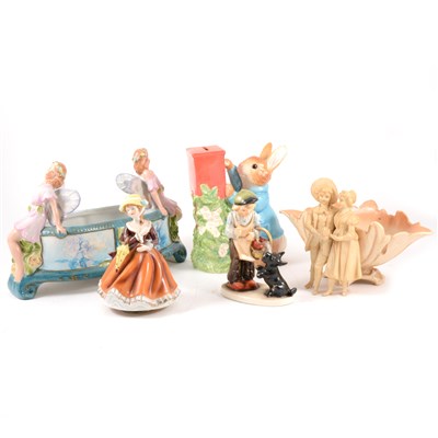 Lot 8 - Italian Majolica balustraded tray, modelled with cherubs, W38cm; figurines, teaware, basins etc, (2 boxes)