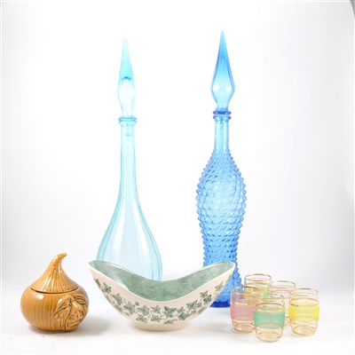 Lot 47 - Babycham glassses, tray, Oxo jar, art deco style plaque and other ceramics, two boxes.