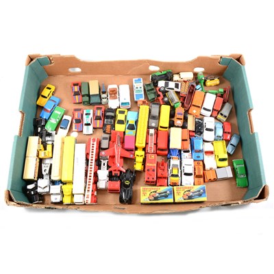 Lot 280 - Matchbox Toys and other models; one tray including Superfast no.6 Mercedes 350SL, (x2 both boxed), other Matchbox 1-75 series models, and Ertl, Corgi and other makers.