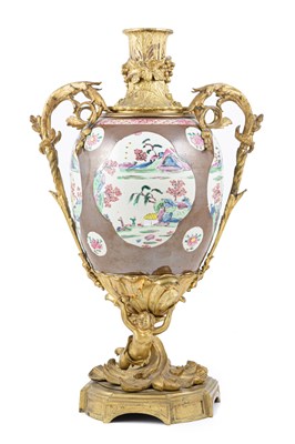 Lot 50 - Gilt metal mounted Chinese famille rose cafe au lait ground jar