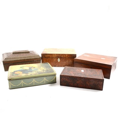 Lot 147 - Collection of old printed tins, including a Huntley and Palmer tin in the shape of an Indian wooden jewellery box.