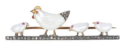 Lot 161 - A pearl and diamond  hen and chicks brooch.