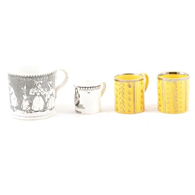 Lot 16 - A Staffordshire transfer printed mug, The Gardener - My Pretty Babe, circa 1850; a toy mug, and two small mugs