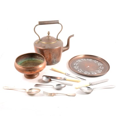 Lot 142 - Hugh Wallace, beat copper and silver-plated tray,, and other metal wares.