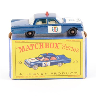 Lot 260 - Matchbox Toys; no.55 Police patrol car, blue body, black plastic wheels, boxed.