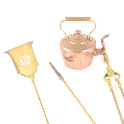 Lot 55 - Set of brass fire irons, brass fire dogs, copper kettle, etc