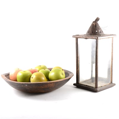 Lot 115 - Old turned wood bowl with fruit, and a hall lantern