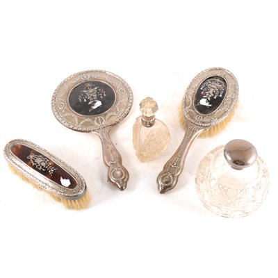 Lot 245 - A silver mounted tortoiseshell and pique part-dressing table set and silver-mounted scent bottle and jars