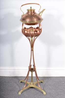 Lot 76 - An English Art Nouveau copper spirit kettle, attributed to W.A.S. Benson.