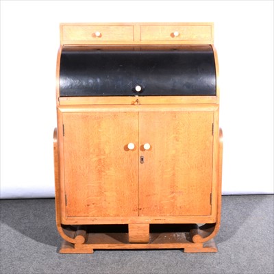 Lot 125 - An oak and black lacquered cylinder front bureau, by E Gomme, 1930s