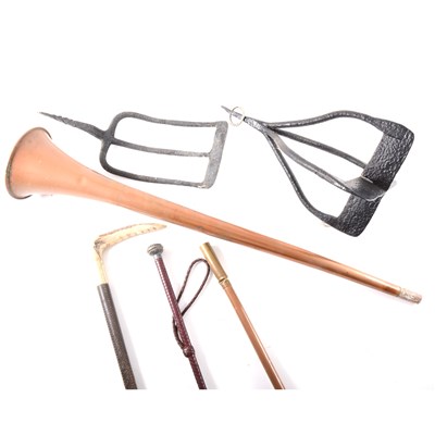 Lot 141 - A quantity of vintage ironware, including a whey chopper, ...