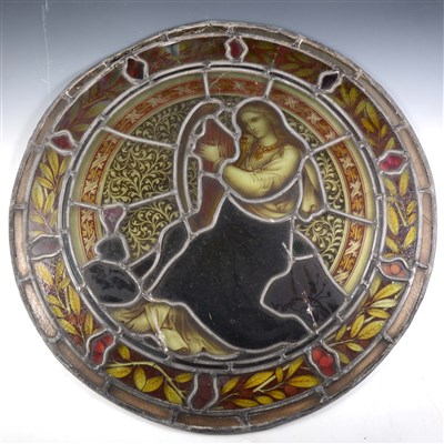 Lot 9 - A Victorian stained and leaded glass roundel, a harpist