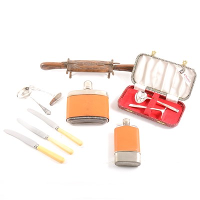 Lot 134 - A quantity of mainly plated flatware, napkin rings, hip flasks etc.