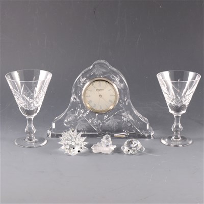 Lot 15 - A collection of glassware, including Waterford Crystal clock, Stuart Crystal clock and Swarovski miniatures