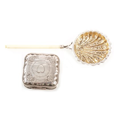 Lot 184 - A Dutch silver snuff box and continental white metal sifting spoon
