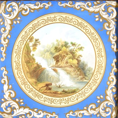 Lot 211 - A handpainted porcelain plaque/ tile, figures aside a cascading waterfall