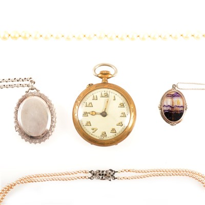 Lot 400 - A collection of silver jewellery, charm bracelets, locket and chain, pocket watch, Blue John pendant and earrings, simulated pearls etc