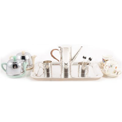 Lot 125 - A silver-plated three piece coffee set in the style of Christopher Dresser and Royal Doulton coffee cups and saucers, coffee bean spoons.