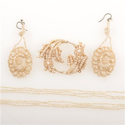Lot 339 - A seed pearl necklace, earrings and pendant.