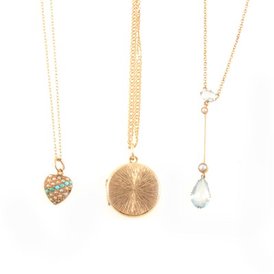 Lot 308 - A gold locket and chain, an aquamarine pendant and chain, and a small pearl heart pendant and chain.